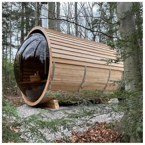 ZONEMEL Barrel Sauna Room with Panoramic View, Canadian Red Cedar Outdoor Sauna with Porch, Wood-Fired Stove, 8 Person