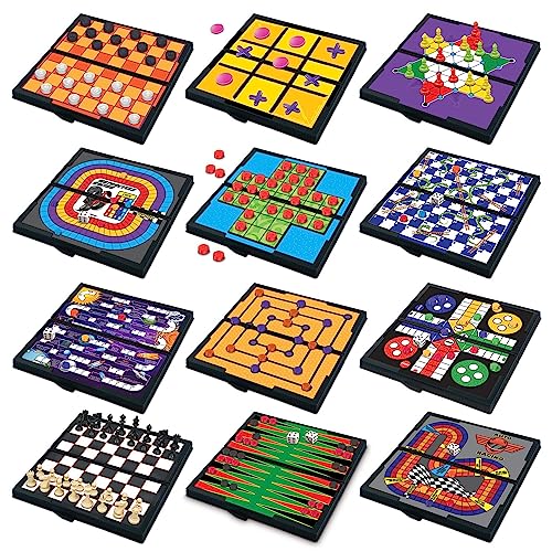 Gamie Magnetic Board Travel Games Set - Includes 12 Retro Fun Games - 5" Compact Design - Individually Boxed - Teaches Strategy & Focus, Great for Road Trip/Travel/Camping - Best Gift for Kids Ages 6+