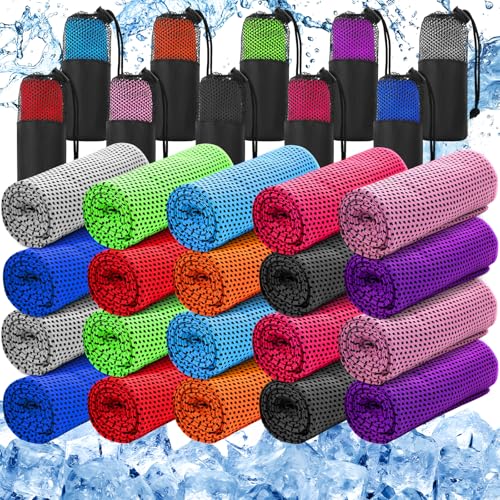 Peryiter 20 Pack Cooling Towels Bulk for Neck and Face 12''x 35'' Microfiber Sport Towels for Hot Weather Breathable Soft Quick Dry Sweat Rags Portable 20 Storage Bags Gym Yoga Running Golf Workout