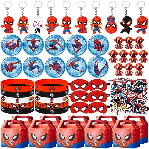 Spider birthday decorations,110Pcs Party Favors,Include 10 Tumblers,10 Button Pins,10 Key Chains,10 Masks,10 Gift Bags,10 Wrists and 50 Stickers