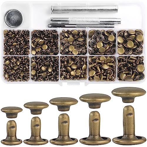 YORANYO 340 Sets Leather Rivets Kit Mixed Sizes Rivets for Leather Double Cap Rivets Studs for Clothing Fabric with Leather Crafting Rivet Tool for Repair Decorate Clothes Shoes Bags Belts (Bronze)