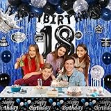 18th Birthday Decorations for Boys, 73PCS Blue Black Happy 18th Birthday Decorations for Girls, 18 Years Old Birthday Balloons Banner,Tablecloth, Fringe Curtains Hanging Swirls 18 Bday Decor for Men