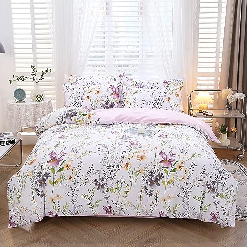 URBONUR Floral Duvet Cover Set Queen Size 3-Pieces 100% Cotton Wildflowers Comforter Cover, Chic Garden Flowers Bedding Set, Soft Breathable Duvet Cover Set