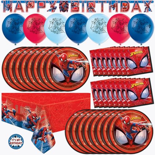 Spiderman Birthday Decorations | Spiderman Balloons, Banner, Tablecloth, Plates, Napkins, Sticker | Serves 16 | Officially Licensed
