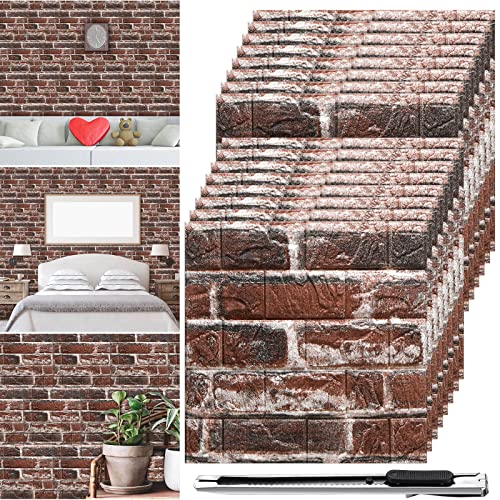 Colarr 60 Pcs 28. 8 Sq ft 3D Wall Panels Peel and Stick Faux Foam 3D Brick Wallpaper Faux Paneling Adhesive Wall Covering Panels Decorative Medieval Tiles Waterproof for Bedroom(Red Brick Color)