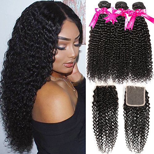 Hermosa 10A Kinky Curly Weave Human Hair Bundles with Closure 16 18 20+14 Brazilian Curly Hair 3 Bundles with Closure