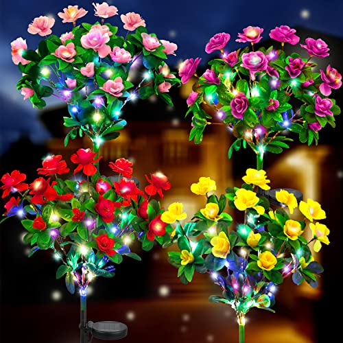 Ouddy Decor 4 Pack Solar Garden Lights, Solar Azalea Flowers Lights with 56 Colorful LED Upgrade Waterproof Pathway Lights for Yard Decor Fence Patio Lawn Decor Mothers Day Gardening Gifts