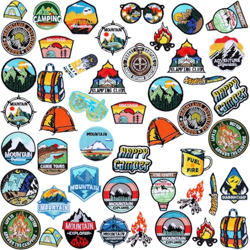 CraftyDream 48 Pcs Camping Theme Iron on Patches Adventure Outdoor Mountain River Backpacking Sew on Patches Embroidered Applique for Jeans Jackets Clothes Backpack Cap DIY Crafts Sew Making