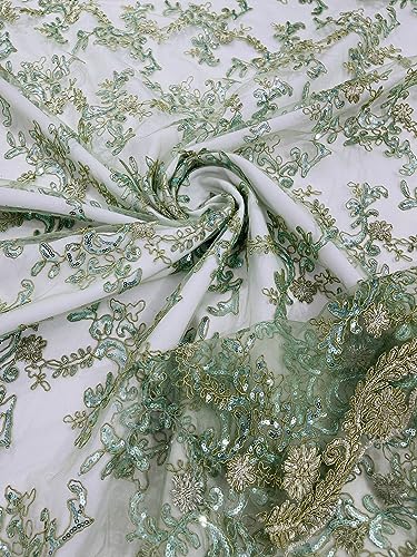 Backdrop King Inc Flower lace Corded and Embroider with Sequins on a mesh- Sold by The Yard (Sage Green, 1 Yard)