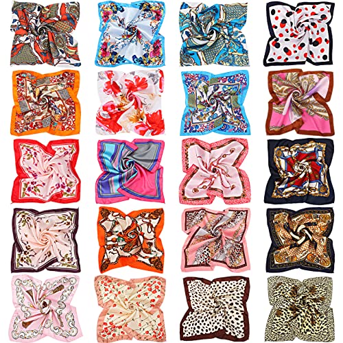 20 Pieces Women Satin Square Scarf Mixed Color Small Silk Neck Scarf for Women Favors, Random Color(Classic Patterns)