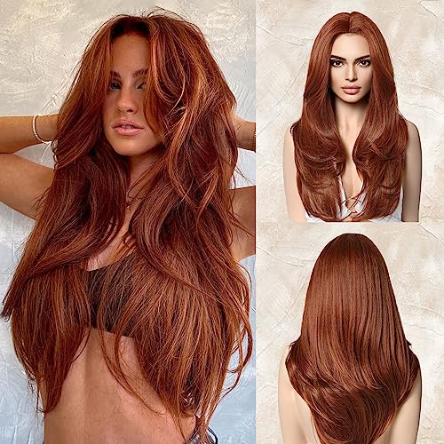 LONAI Copper Red Wigs for Women 24" Long Red Middle Part Layered Wig Synthetic Hair Wig for Daily Use Party Cosplay