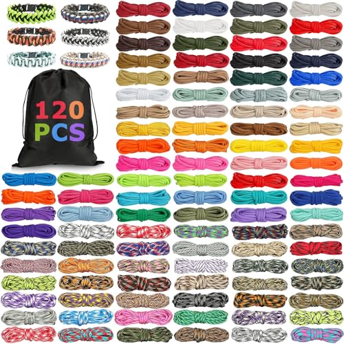 Riakrum 120 Pcs Paracord Rope 550 10 Feet Multifunction Paracord Cord Parachute DIY Bracelets Making Kit with Drawstring Bag for Making Lanyard Dog Collar Gift(Bright Colors)