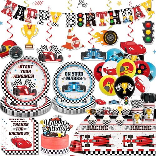 189pcs Race Car Birthday Party Decorations Include Race Car Plates and Napkins Set, Banner, Hanging, Tablecloth, Balloon, Cupcake Topper, for Boys Birthday Party and Race Car Themed Party, Serve 25