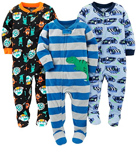 Simple Joys by Carter's Baby Boys' 3-Pack Loose Fit Flame Resistant Fleece Footed Pajamas, Cars/Dinosaur/Space, 12 Months