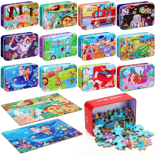 Silipull 12 Boxes Party Favors Jigsaw Puzzles in a Metal Box for Age of 4-8, Wooden Puzzle for Ages 4-8 Boys and Girls Learning Educational Jigsaw Pieces Toys, 12 Styles(Novel)