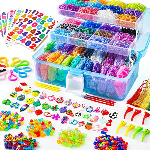INSCRAFT 17500+ Rubber Loom Bands with 3 Layer Blue Container, 28 Colors, 600 S-Clips, 352 Beads, 40 Cartoon Pendant, Bracelet Making Refill Kit for Kids