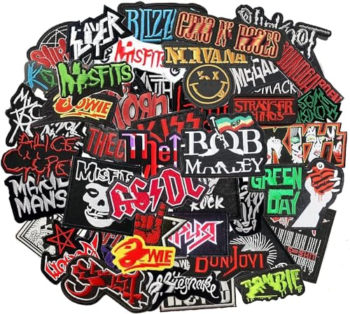 HARINI Morale Patch, 50 Pcs Mixed Patches Band Rock Music Badges Punk Embroidery Skull Patches for Jacket Jeans Backpacks Hat Assorted Style Badges Clothes Stickers DIY Applique Stripe