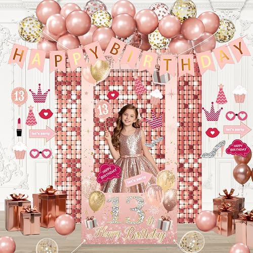 13th Birthday Decorations for Girls, Happy Birthday RoseGold Balloon with Photo Booth Props for girl,Banner,Balloons,Party supplies