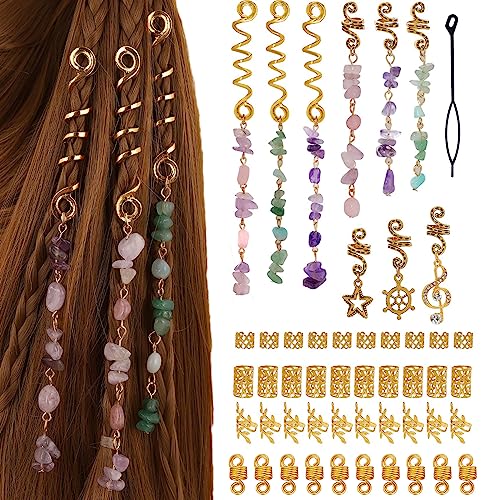 AUNEAL Hair Accessories for Women Hair Jewelry for Braids Dreadlock Accessories Beads Stone Clips Colored Gold Metal Charms Rings Hairstyle Decoration (50 pcs)
