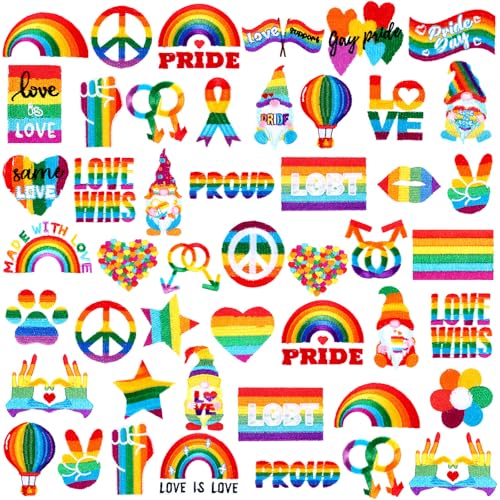 Glitinsel 48 Pcs LGBT Iron on Patches Lesbian Gay Pride Rainbow Embroidery Applique Patches for DIY Craft Clothing Jacket Backpacks Badge Accessories Gift