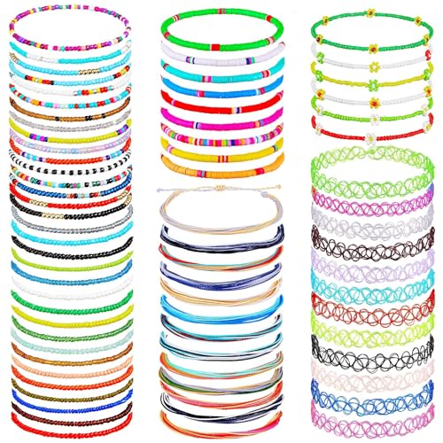 Kenivira 72Pcs Elastic Beaded Anklets for Women, Handmade Boho Colorful Beads Stretchy Anklets Set,Small Beaded Bracelets Pack,Adjustable Foot Anklet Bulk