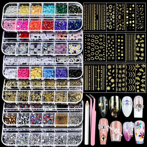 Teenitor Nail Charms Nail Art Kit with 15 Sheets Gold Nail Stickers, 6 Boxes of Nail Gems Nail Art Tools Nail Rhinestones for Nails, Nail Supplies 3D Nail Charms and Gems Nail Decals Nail Pearls