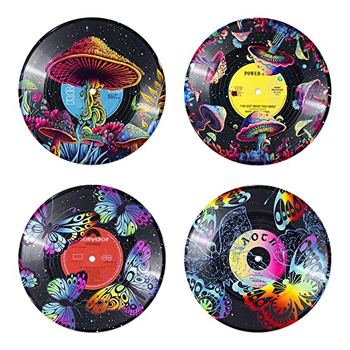 Putuo Decor Aesthetic Record Wall Decor Set of 4 - Indie Trippy Mushroom Room Decor, Psychedelic Vinyl Records Decor for Teens & Girls, Vintage Pastel Room Decor Collage for Dorm Bedroom Garage Bar &