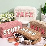 Paterr 4 Pcs Chenille Letter Preppy Patches Makeup Bag Plush Fuzzy Makeup Pouch Hair Skin Face Stuff Bag Large Cosmetic Purse Zipper Travel Toiletry Kit for Spring Gift(Pink Brown Colors)