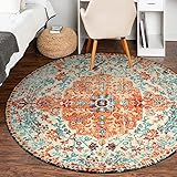 Lahome Washable Round Rugs 5'3"ft, Bohemian Orange Circle Rugs for Living Room, Entryway Round Area Rug, Floral Medallion Soft Non Slip Nursery Carpet for Bedroom Dining Coffee Table