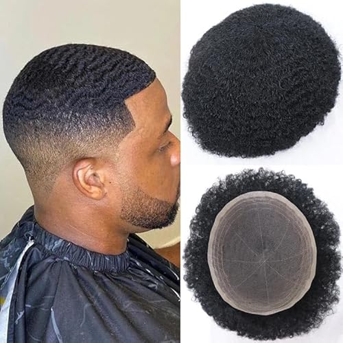 HAPPY&CC Toupee for Men Afro Kinky Curly French Lace Male Toupee African American Mens Wigs Human Hair Replacement System 4mm #1 Jet Black 8x10 Inch