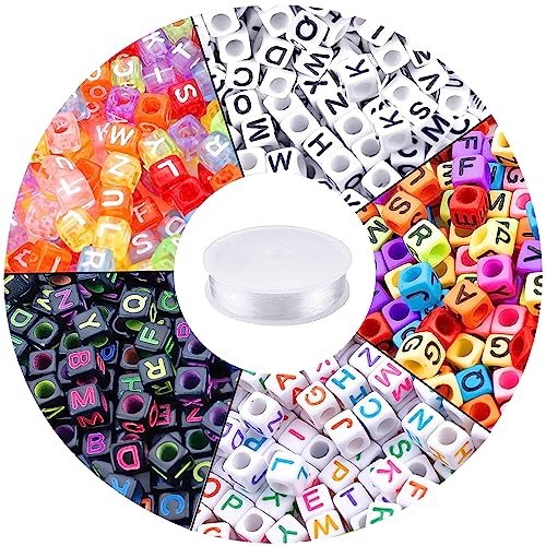 Augshy 1400pcs 5 Color Cube Alphabet Beads Bracelet Letter Beads for Bracelets Making with 1 Roll 50M Crystal String Cord for Jewelry Making（6mm）