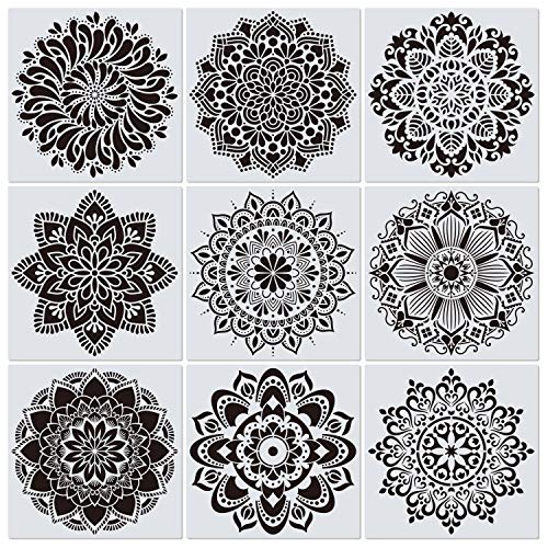 9 Pack 12 x 12 Inch Large Rangoli Stencils Mandala Stencil Laser Cut Painting Template for DIY Art | Wall Stencil, Tile Stencil, Floor Stencils - Wall Stencils for Painting Large Pattern