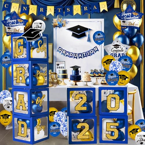 Graduation Decorations Class of 2025 - Blue and Gold Balloons Boxes with Letters 2025 GRAD So Proud of You - Complete Party Supplies for High School & College Celebrations