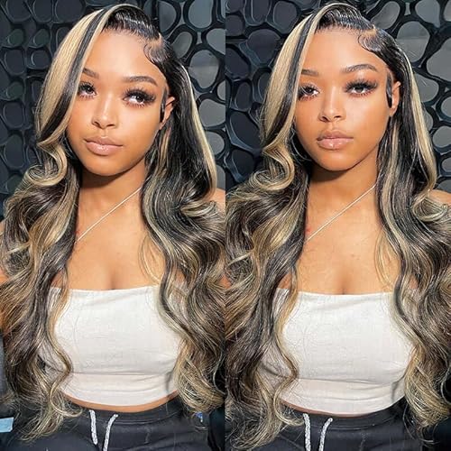 BestFun 30 Inch FB/27 Balayage Highlight Lace Front Wig Human Hair Pre Plucked 220% Density 13x4 HD Lace Ombre Body Wave Wig Glusless Wigs Human Hair for Women