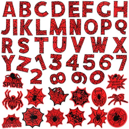 Wavwavw 50 Pcs Hero Spider Iron on Patches Letters Embroidered Applique Red Black Spiderweb Letter Sew on Patches for Clothes Hats Backpacks Jackets Accessories Party Supplies