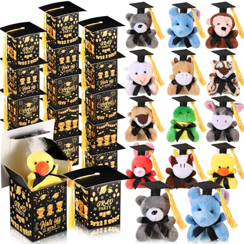 JellyArch 24 Set Mini Graduation Stuffed Animals Bulk with Hat Gift Box Tiny Graduation Plush Small Grad Animals Keychains for 2025 Congrats Grad Exchange Gift Party Favors Supplies