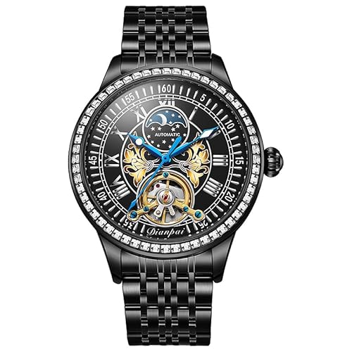 Dianpai Fashion Men's Fully Automatic Mechanical Watch Stainless Steel Hollow Men's Waterproof Trendy Watch 6046B (Black)
