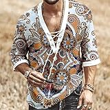 Men's Fashion Shirt Short Sleeve Beach V-Neck Drawstring Printing Yoga African Summer Top White XL