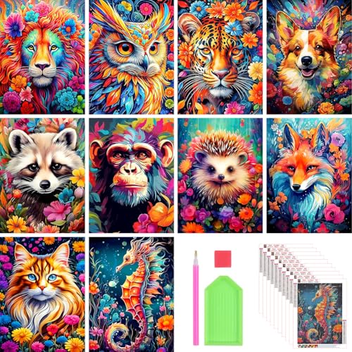 Stalente Diamond Painting Kits for Adults, 10 Pack 5D Diamond Art Kits for Beginners Round Full Drill Diamond Painting for Home Wall Decoration Gift 12×16inch, Animal