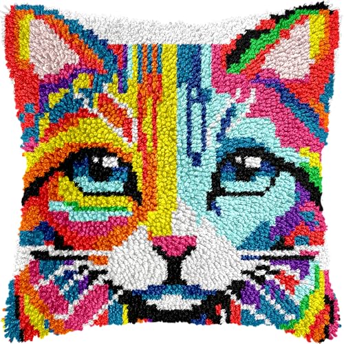 veirousa Colorful Cat Latch Hook Kits for Adults Kids Beginners Cute Animals Latch Hook Pillow Kit Pre-Printed Latch Hook Rug Kits Cross-Stitch Embroidery Cushion for Home Sofa Decoration 17x17 in.