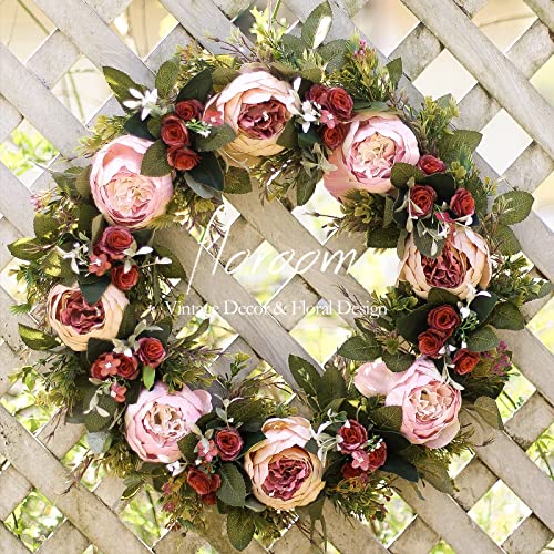 Floroom Floral Wreath, 20'' Artificial Pink Peony Wreath for Front Door Decorations Wall Decor