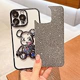 MANLENO Electroplated 3D Bear for iPhone 15 Pro Max Case for Women Glitter Floating Liquid Quicksand Case with Camera Protector Slim Shockproof Full Body Protective Case (Black)