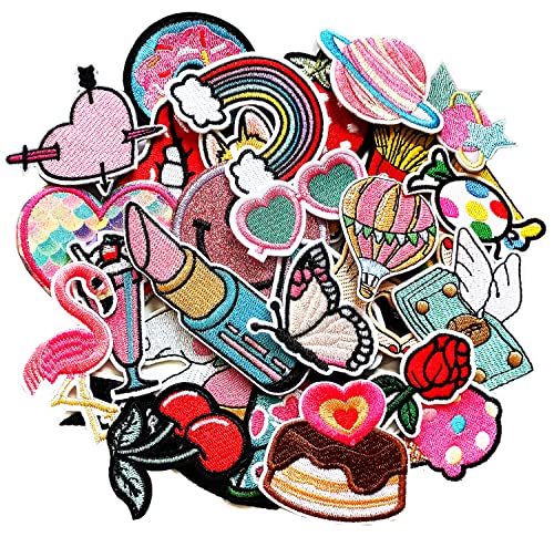 MISDONR 30pcs Girls Iron on Patches for Clothing Jackets DIY Sew Embroidered Applique Decorative Repair Patches