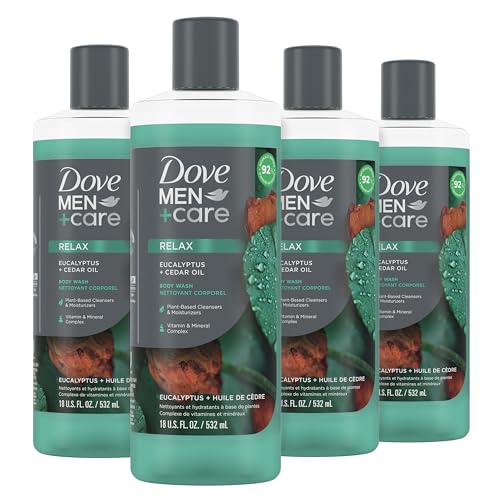 Dove Men+Care Body Wash Eucalyptus + Cedar Oil 4 Count to Rebuild Skin in the Shower with Plant-Based Cleansers and Moisturizers 18 oz