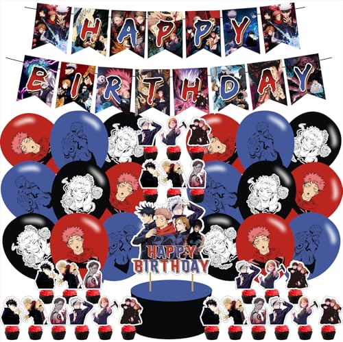 Jujutsu Manga Kaisen Birthday Party Supplies, including Cake Topper, Cupcake Toppers, Banner, Latex Balloons,It is Very Suitable for Boy's and Girl Anime Themed Birthday Party Supplies., Black