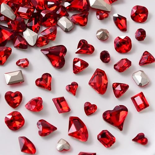 48 Pcs Big Mix Sizes Different Shape Nail Rhinestones 12 Styles 3D Glass Crystals Diamonds Love Distorts Heart Super Shiny Charms Gems Stones DIY Nail Art Decoration Craft Jewelry (Red)