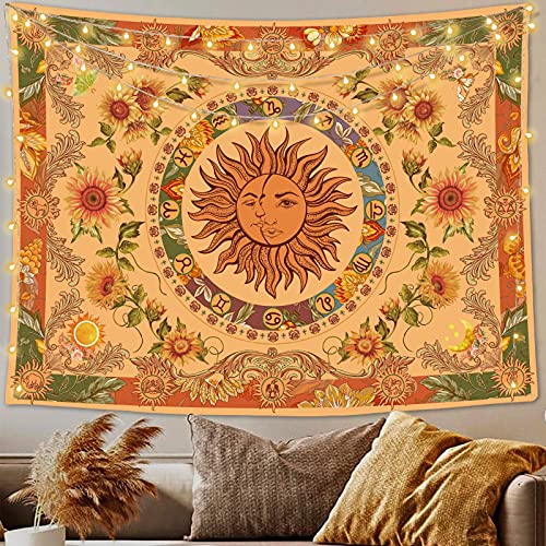 Accnicc Yellow Sun and Moon Tapestry Vintage Indie Boho Tapestry Wall Hanging with Sunflowers Butterfly Moth Constellation Aesthetic Wall Tapestries for Bedroom Dorm Living Room (Orange, 70.8'' ×