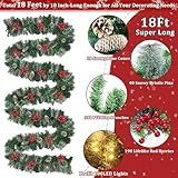 Remote Control&Super Long&12 Modes-18Ft Prelit Snowy Bristle Pine Christmas Garland for Stairs Door Porch Mantle Outdoor Indoor,100 Warm White&Color Switch Lights,Timer,580 Branches 198 Berry Pinecone