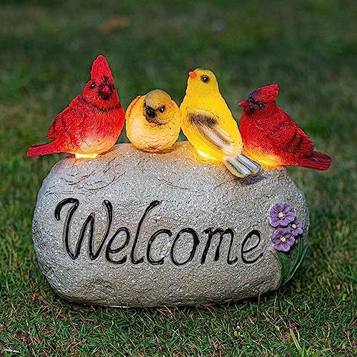 Ovewios Solar Garden Statues Outdoor Decor, Welcome Sign Garden Sculptures Statue Novelty Birds Figurine Decoration for Patio Yard Porch Art Home Decor
