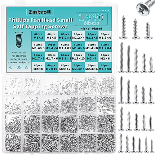 Zmbroll 1440Pcs Mini Screws Small Self Tapping Screws,Phillip Pan Head Micro Screws, Tiny Electronic Screws,M1 M1.2 M1.4 M1.7 M2 M2.3 Silver Screws 24 Size Assortment Screw kit